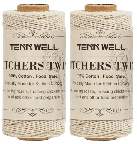 Tenn Well Butchers String, 3Ply 200m Cotton Kitchen Twine Food Safe String | for Meat Trussing Tying, Chicken Roasting and Sausage Making (Beige)
