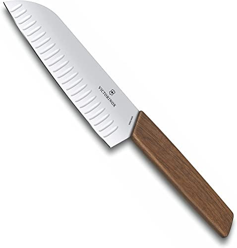 Victorinox Swiss Modern, Profi Santokumesser, Extra Scharfe Klinge, Kullenschliff, 17 cm, Edler Holzgriff, Rostfreier Stahl, braun