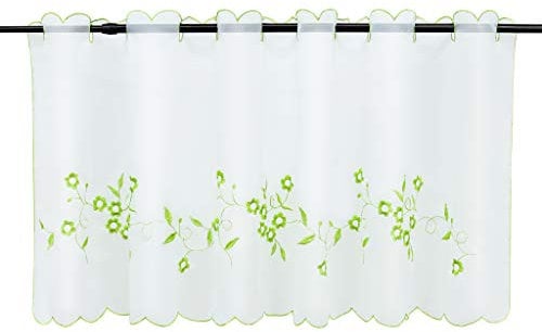 Joyswahl Felizia 1 Pièce Rideau Brise-Bise Perforé Passe Tringle en Polyester Petit Voilage avec Broderie de Fleurs en Dentelle Transparent Maison de Campagne Décor de Fenêtre Vert HxL 60x120CM