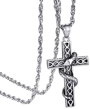 GoldChic Jewelry Vintage Serpent Cross Pendant Necklace, 316L Stainless Steel Snake Christian Jewellery