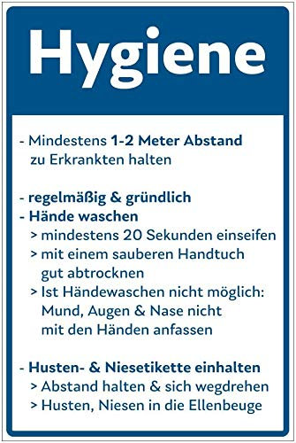 Hinweis-Schild 300x200 mm - Hygiene-Vorschriften gegen das Corona-Virus (COVID-19), aus PVC Hartschaum Platte 200x300 mm - 3 mm stark