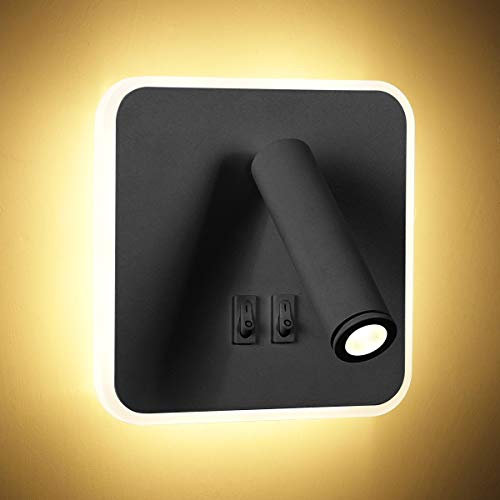 KAWELL 8W Modern Wandleuchte LED Bettleuchte Lesen Lampe 350° Schwenkbares 3W LED Wandspot mit Schalter Innen Wandlampe für Schlafzimmer Wohnzimmer Studierzimmer, Schwarz 3000K