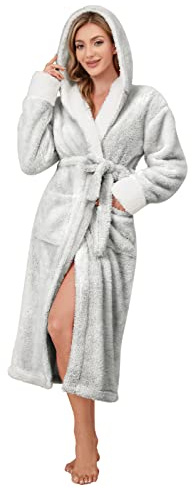 Voqeen Women Dressing Gown Fleece Hooded Bathrobe Fluffy Super Soft Plush Long Robe with Pockets Perfect Loungewear Gifts for Mum Ladies