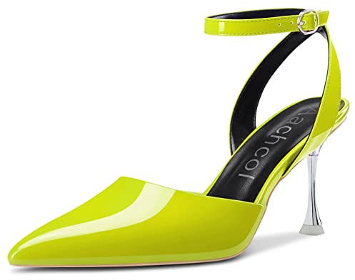 Aachcol Mujer Correa Tobillo Slingback Aguja Medio Alto High Heel Pumps Puntiaguada Punta Sandalias Dress Zapatos Fiesta Oficina de Boda Verde Lima Charol 9 CM 43 EU