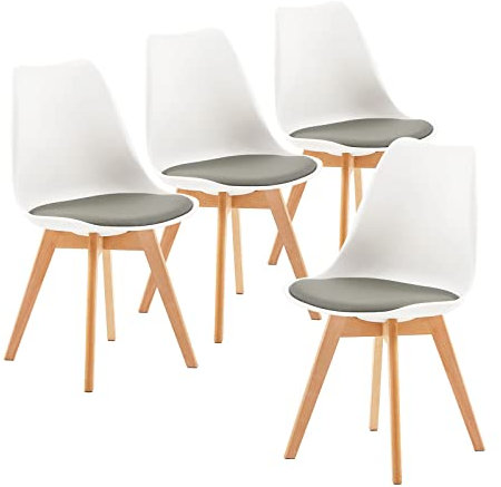 EGGREE 4er Set Esszimmerstühle mit Massivholz Buche Bein SGS Geprüfter, Skandinavisch Design Gepolsterter aus PU-Leder Küchenstuhl Essstühle, Weiß & Grau