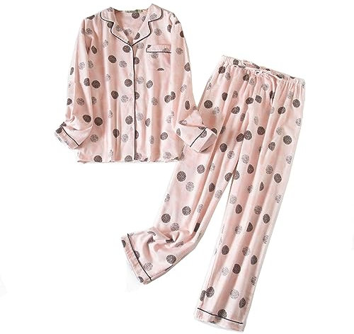 DSKK Ensemble de Pyjama pour Femme Flanelle Coton Confortable Boutonné Manches Longues Chemise et Pantalons (Rose-2,M)