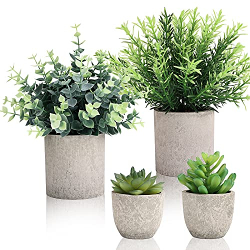 CEWOR 4 Stück kleine künstliche Pflanzen Eukalyptus Rosmarin Sukkulenten Pflanzen Künstlich in Töpfen für Regal Künstliche Grün Eukalyptus Pflanze Indoor für Zuhause Schlafzimmer Wohnzimmer Dekoration