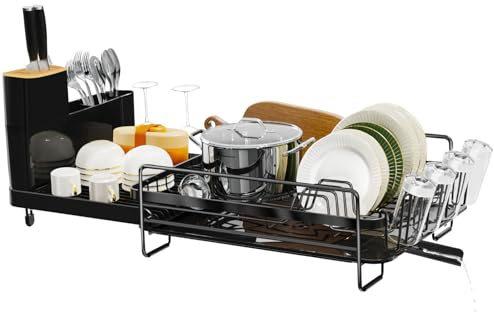 Runnatal Large Dish Drying Rack with Drainboard Set, Extendable Dish Rack, Utensil Holder, Cup Holder, Expandable Dish Drainer for Kitchen Counter, Black (WK810605)