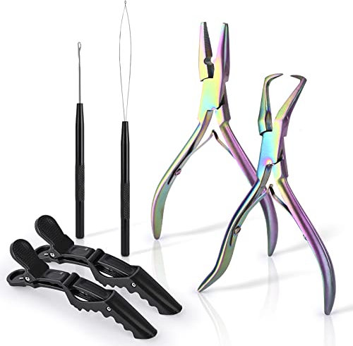 EHDIS Haarverlängerungs Kit, mit 2 Zangen für befestigen und entfernen Microring Extensions, 1 Zughakens, 1 Schlaufeneinfädlers, 2 Haarspangen, Microring Haarverlängerung Set, Gefärbtes Titan