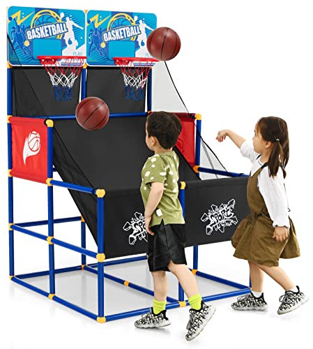 COSTWAY Arcade Basketball Spielset, Basketballständer mit 2 Körben, 4 Bällen und Pumpe, Mini Basketballkorb Outdoor Indoor, Basketballspiel 2 Spieler, Basketball Hoop Kinder Erwachsener, 140cm hoch