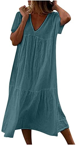 Longue Robe Cotton en Line Blanche Col en V Ete Pas Cher Grande Taille Rétro Maxi Lâche Couleur Unie Bohème Mi-Longue Dress pour Fêter Vacances à la Plage