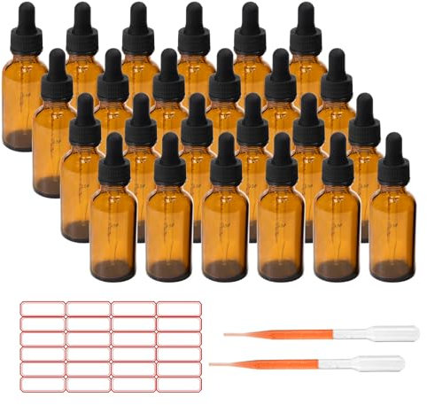ALWSCI 24 pezzi Bottigliette per Oli Essenziali, Bottiglie 30 mL con Pipetta Marrone Bottiglie Contagocce Vetro per Laboratorio, Olio Essenziale, Aromaterapia