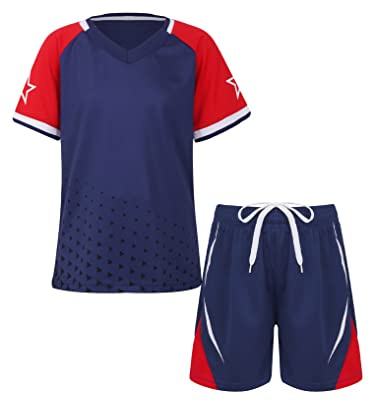 Yeahdor pojkar sportset kortärmad sport t-shirt tröja med sportbyxor kort träningsoverall fotbollskläder set fitness löpning basket, La Marine blå A, 134-140