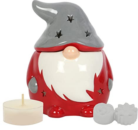 Red & Grey Gonk Ceramic Oil Burner Wax Melter Starter Gift Set with Two Assorted Highly Scented Soy Wax Melts and One Unscented Soy Wax Tealight Candle