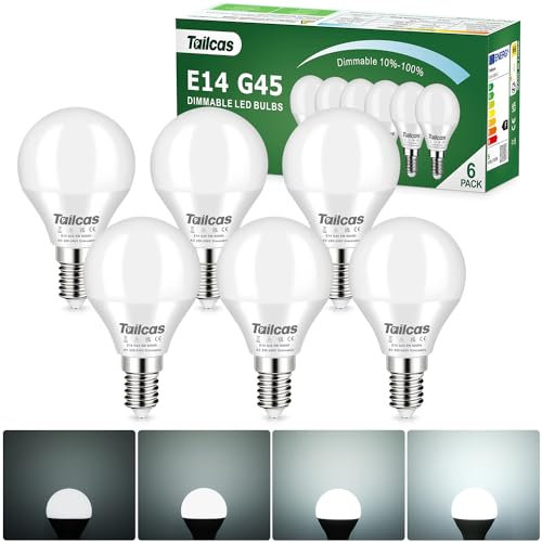 Tailcas E14 Dimmable LED Bulb, 5W Cool White 6000K Small Edison Screw (SES) Bulb, Equivalent 40W Halogen, G45 Golf Ball LED Light Bulb, 450lm CRI>80 No Flickering, for Interior Lighting, 6 Pack