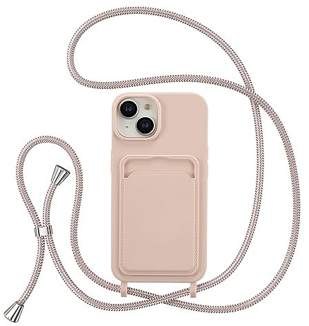 ZTOFERA Crossbody Lanyard Case for iPhone 13 / iPhone 14 with Card Holder, Soft Liquid Silicone Phone Case with Strap Adjustable Neck Cord Necklace Shockproof Protective Cover - Pink