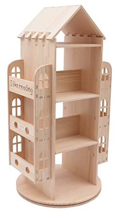 OUKANING 360 Drehbares Kinder Bücherregal, Hausform, Bodenregal Holz Mit 4 Regale, Wohndekoration, Für Kinderzimmer, Wohnzimmer