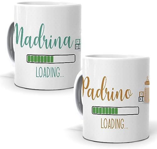 mundohuevo Pareja de tazas para la familia| Tazas con frase “Padrino/Madrina Loading”|Capacidad 350ml| Taza de cerámica AAA | Diseño único| Tazas divertidas para tus familiares| Regala alegría.