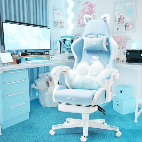 Vigosit Cute Gaming Stuhl mit Katzenpfoten-Lendenkissen und Katzenohren, ergonomischer Gamer Stuhl mit Fußstütze, Verstellbarer PC-Spielesessel für Mädchen, Teenager, Kinder, Blau