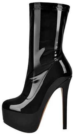 MissHeel Plateau Kurzschaft Stiefel stilettos High Heels Elastische Stiefeletten Lack Schwarz EU 40