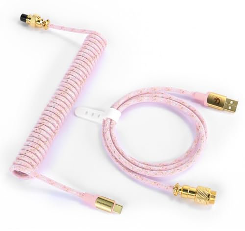 XINMENG C03 Braided Coiled Keyboard Cable, Pro Custom USB-C Double-Sleeved Aviator Cable for Gaming Keyboard, Type-C to USB-A with Detachable Metal Aviation Connect for Mechanical Keyboard - Pink