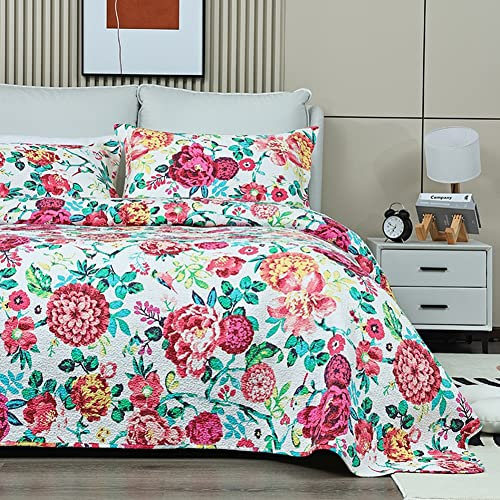 Gesteppte Tagesdecke aus 100% Baumwolle, amerikanischer Stil, Blumendruck, Bettdecken, Patchwork-Steppdecken, Tagesdecken mit 2 Kissenbezügen, 230 x 250 cm