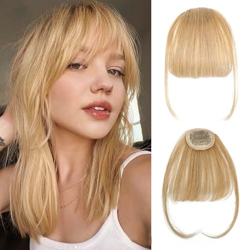 XIWCAFC Clip in Pony 100% Haarteil Echthaar Clip in Bangs mit Schläfen Remy Echthaar Fringe Bangs für Frauen Pony Extension Echthaar Haarverlängerung für das tägliche Tragen (Gold)