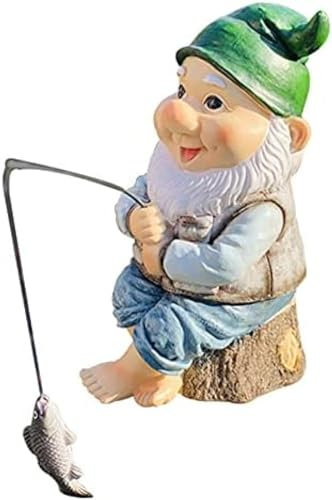 Garden Gnome Statue-Fishing Gnome Statue Outdoor Garden-Resin Gnome With A Fishing Rod Figurine Outside Decorations For Lawn Patio Yard Decor