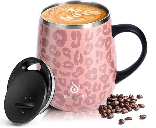 Ideus® Kaffeebecher 470 ml (16 oz), doppelwandige vakuumisolierte Kaffee- und Teetasse aus Edelstahl mit rutschfestem Griff und Schiebemoduldeckel und großem Volumen (Leopard Rosa)