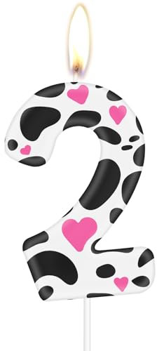 mciskin Cow Print 2 Birthday Number Candles, Pink Heart Number 2 Candle for Cake, Cowgirls Party Decorations, Farm Animal Themed for Girls Boys 2nd Birthday Party Decorations Supplies