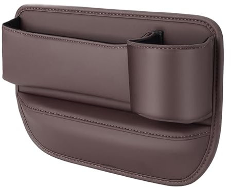 Car Leather Cup Holder Gap Bag, Car Seat Storage Box with Water Cup Holder, Car Seat Gap Filler Organizer for Glasses Phone Keys and Cards(Brown,Right Side)