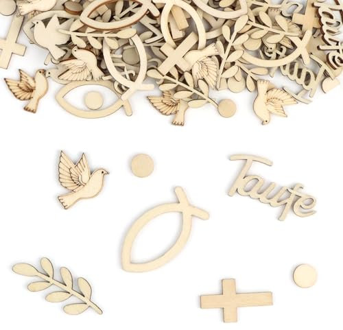 WEXFFU Streudeko Taufe,100 Stück Tischdeko Taufe Junge Mädchen,Holz Taufe Deko Holzherzen Holzfische Regenbogen Streudeko für Firmung Kommunion Konfirmation Babyshowerparty Taufdeko