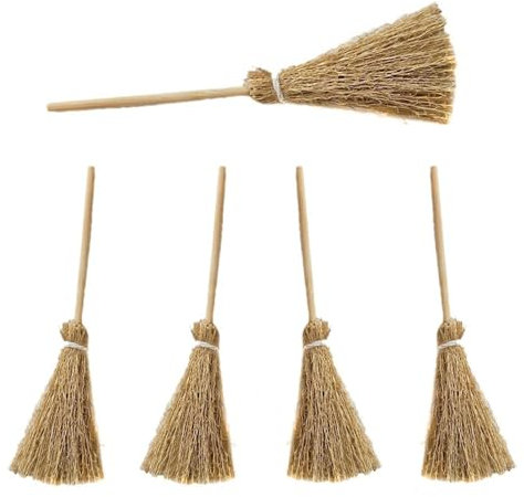 Mini Brooms Dollhouse Broomstick with Rope Straw Halloween Witch Crafts for Wizard Accessory (White)