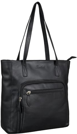 Benthill Damen Shopper Leder - Handtasche aus echtem Rindsleder - Tasche mit Reißverschluss - Schultertasche/Ledertasche - Vintage Umhängetasche, Farbe:Schwarz
