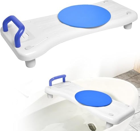 Suusolny Badewannensitz Senioren Badewannenbrett zum Sitzen Verstellbar 41-63cm Sitzbrett Wannenbrett Badewanne Brett Seifenablage & ergonomischer Griff 150KG - Blau Griff + Drehscheibe