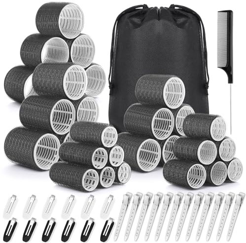 Qinzave 56 Stücke Lockenwickler Groß Locken mit Aufbewahrungstasche 5 Größe 55mm 48mm 40mm 32mm 25mm Jumbo Lockenwickler mit Klammern Selbsthaftend Lockenwickler für Lange Mittlere Kleine Haar