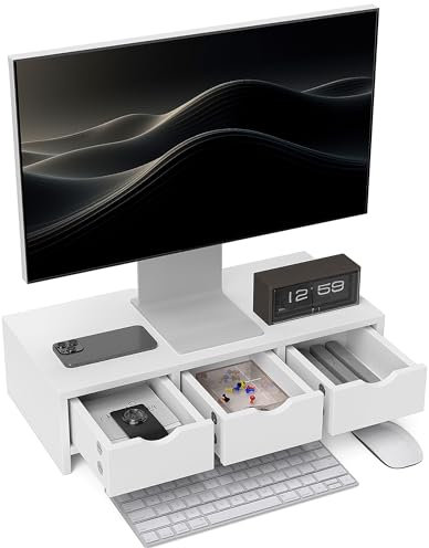 HOMCOM Monitor Stand Riser with 3 Drawers, Monitor Riser for Laptop, Computer, PC, Small Printer, 51 x 24 x 13cm, White