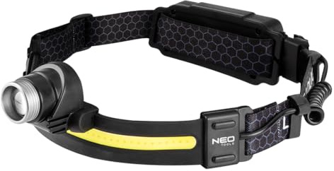 NEO TOOLS Stirnlampe LED Wiederaufladbar, Licht Sensor Kopflampe, IPX4 137g | Rotes Rücklicht Leichtgewichtig Stirnlampen Perfekt zum Camping, Joggen, Wandern, Angeln