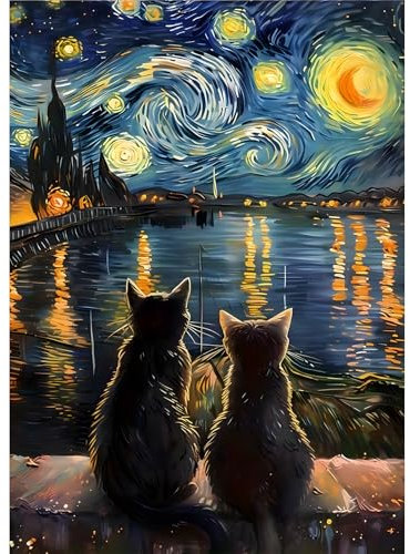 EOBROMD Diamond Painting Kit Completo Gato, Noche Estrellada Pintura de Diamante Adultos, Punto de Cruz Diamante Escena Nocturna, Cuadro Diamante Art Rhinestones Bordado para Decoración Hogar 30x40cm