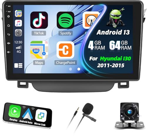 [4G+64G] Android 13 Autoradio für Hyundai I30 2011-2015 mit Carplay Android Auto,9“ 1280 * 720P Touchscreen Radio mit Bluetooth EQ GPS WiFi FM/RDS MirrorLink Split Screen+Rückfahrkamera &Mic