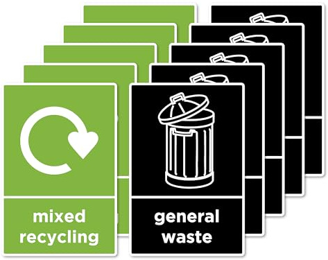 10x Recycling & Genreal Waste Bins Stickers Self Adhesive Vinyl 150 × 100 mm Waterproof General Waste Decals Removable Mixed Recycling Signs for Outdoor Kitchen Pack of 10 Trash Garbage Can Stickers