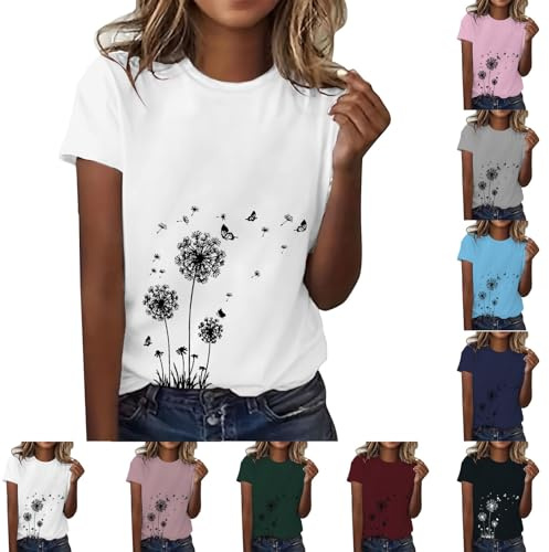 T-Shirts Für Damen Mit Motiv Pusteblume Tshirt Retro Kurzarm Basic Baumwolle Shirts Rundhalsausschnitt Oberteile Sommer Muster Tshirts Lose Tops