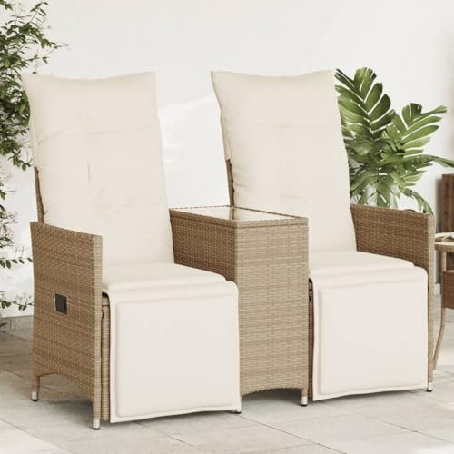Homgoday Gartensofa 2-Sitzer Verstellbar mit Tisch Balkonsofa Gartenlounge Lounge Sofa Loungesofa Terrassensofa Gartenmöbel Sitzgruppe Beige Poly Rattan