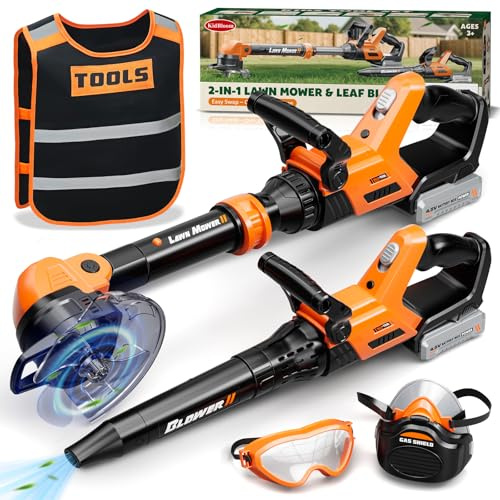 KidBloom 2 in 1 Attrezzi da Lavoro Bambini con Gilet Portautensili, Decespugliatore Giocattolo & Soffiatore Foglie con Suoni, Giochi da Giardino per Bambini, Giochi Bambino 3 Anni