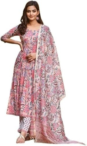 FULPARI Women's Rayon Viscose Anarkali Printed Kurta with Palazzo & Dupatta Festive Wear (US, Alpha, 3X-Large, Regular, Regular, Pink)