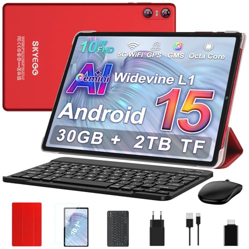 SKYEGG Tablet 10 Pollici Android 15 con Gemini AI, 30GB RAM + Espandibile 2TB ROM, WiFi 5G, BT5.0, Widevine L1, Octa-Core, Fotocamere 8MP/5MP, 6000mAh, con Tastiera, Mouse e Custodia – Rosso Scuro