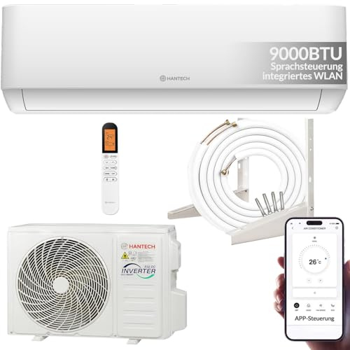 HANTECH H-PRO Split Klimaanlage 9000 BTU für Räume bis 35 m² als Komplettset mit Kupferleitungen - Luft-Luft-Wärmepumpen Technologie - Smart Home kompatibel, WiFi - Heizen, Kühlen, Entfeuchten