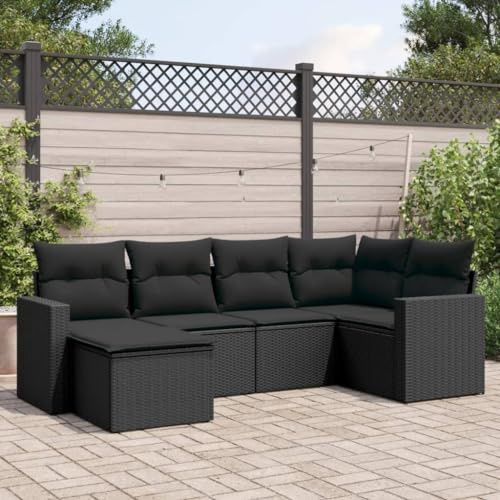 SooIarix 6-Piece Outdoor Sofa Set with Cushions, Black Poly Rattan, Weather-Resistant Patio Furniture, Modular Garden Lounge Seating with Storage