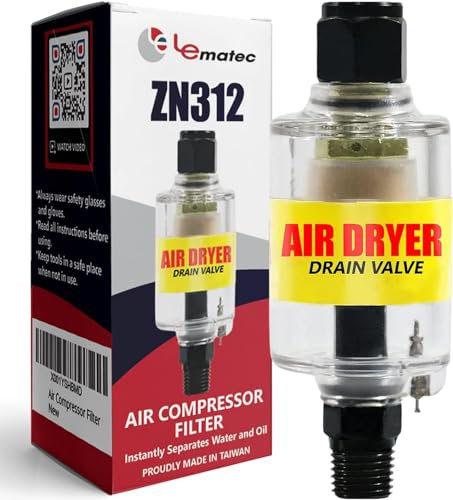 LE LEMATEC Air Compressor Filter, Water Separator, Air Compressor Dryer with Drain Valve, for Air Tools, Plasma Cutters, and Air Lines (ZN312)