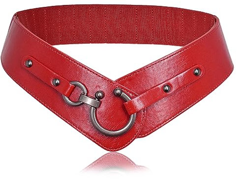 TeeYee Damen Ledergürtel Mode Runde Haken Design Breite Hüfrgürtel Elastische Gürtel für Mädchen rot L